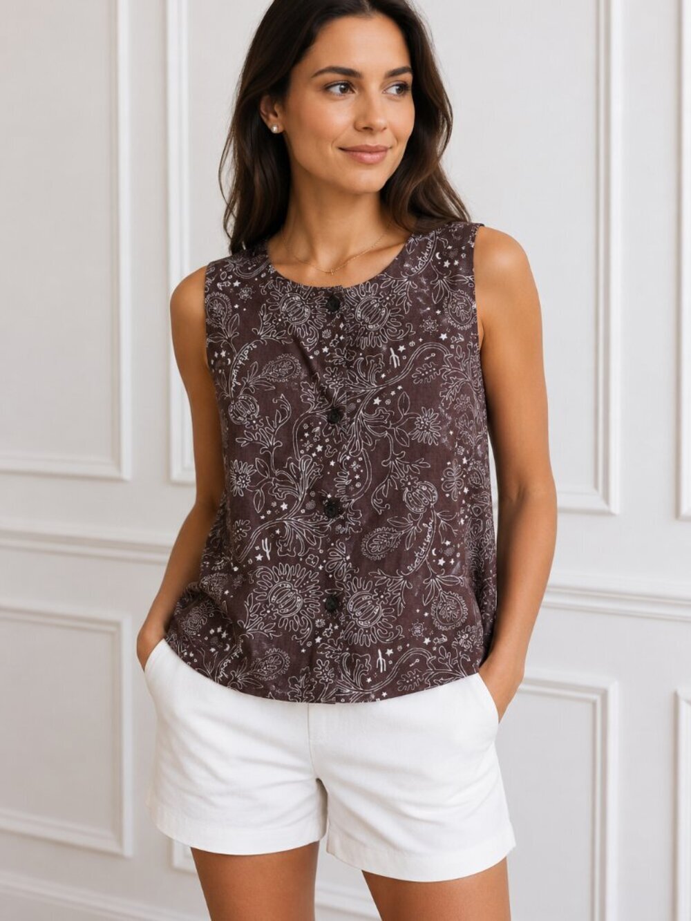 Scotch & Soda Linen Button Up Sleeveless Bandana Resort Western Brown Small